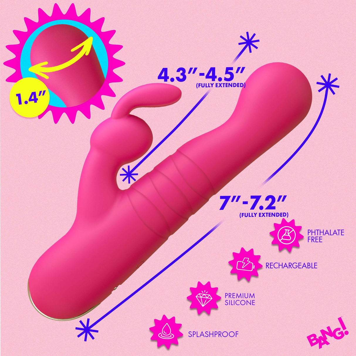 Thrusting Silicone Rabbit Vibrator Pink showcasing dimensions and features in a vibrant pink color with ergonomic design.