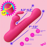 Thrusting Silicone Rabbit Vibrator Pink showcasing dimensions and features in a vibrant pink color with ergonomic design.