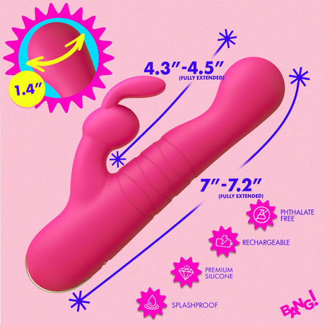 Thrusting Silicone Rabbit Vibrator Pink showcasing dimensions and features in a vibrant pink color with ergonomic design.