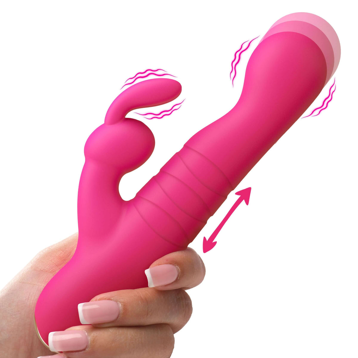 Thrusting Silicone Rabbit Vibrator Pink held in hand demonstrating its thrusting and clitoral stimulation features.