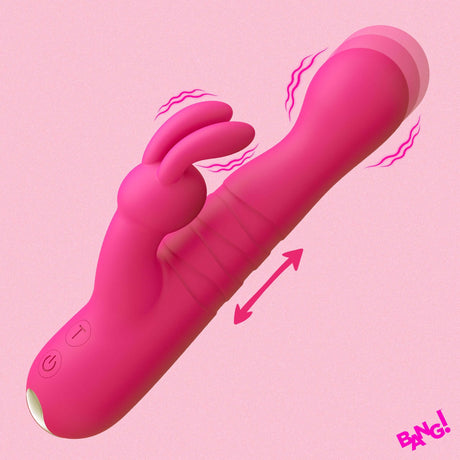 Thrusting Silicone Rabbit Vibrator Pink with motorized thrusting shaft and clitoral stimulation features.