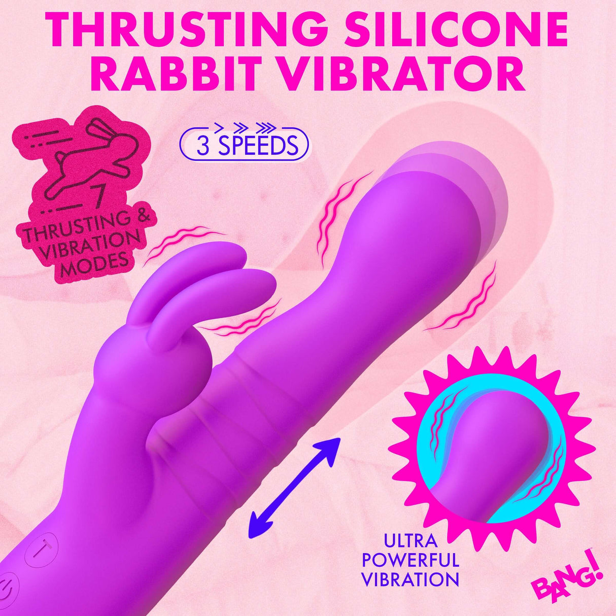 Thrusting Silicone Rabbit Vibrator Purple with thrusters, vibration modes, and ultra powerful vibration features.