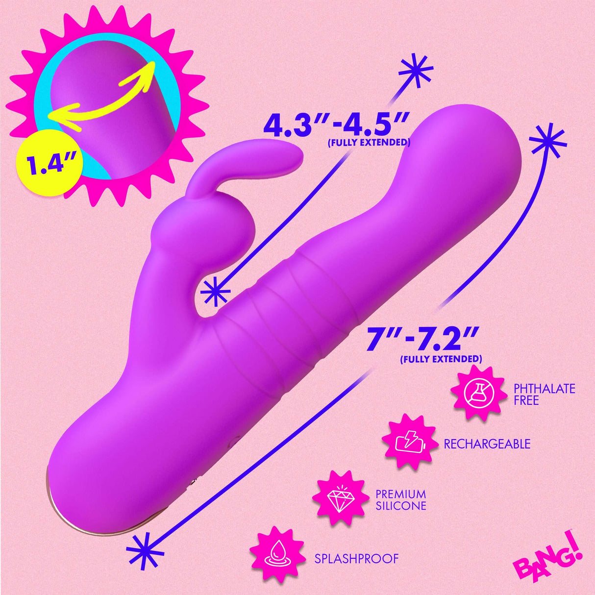 Thrusting Silicone Rabbit Vibrator Purple with measurements and features displayed.