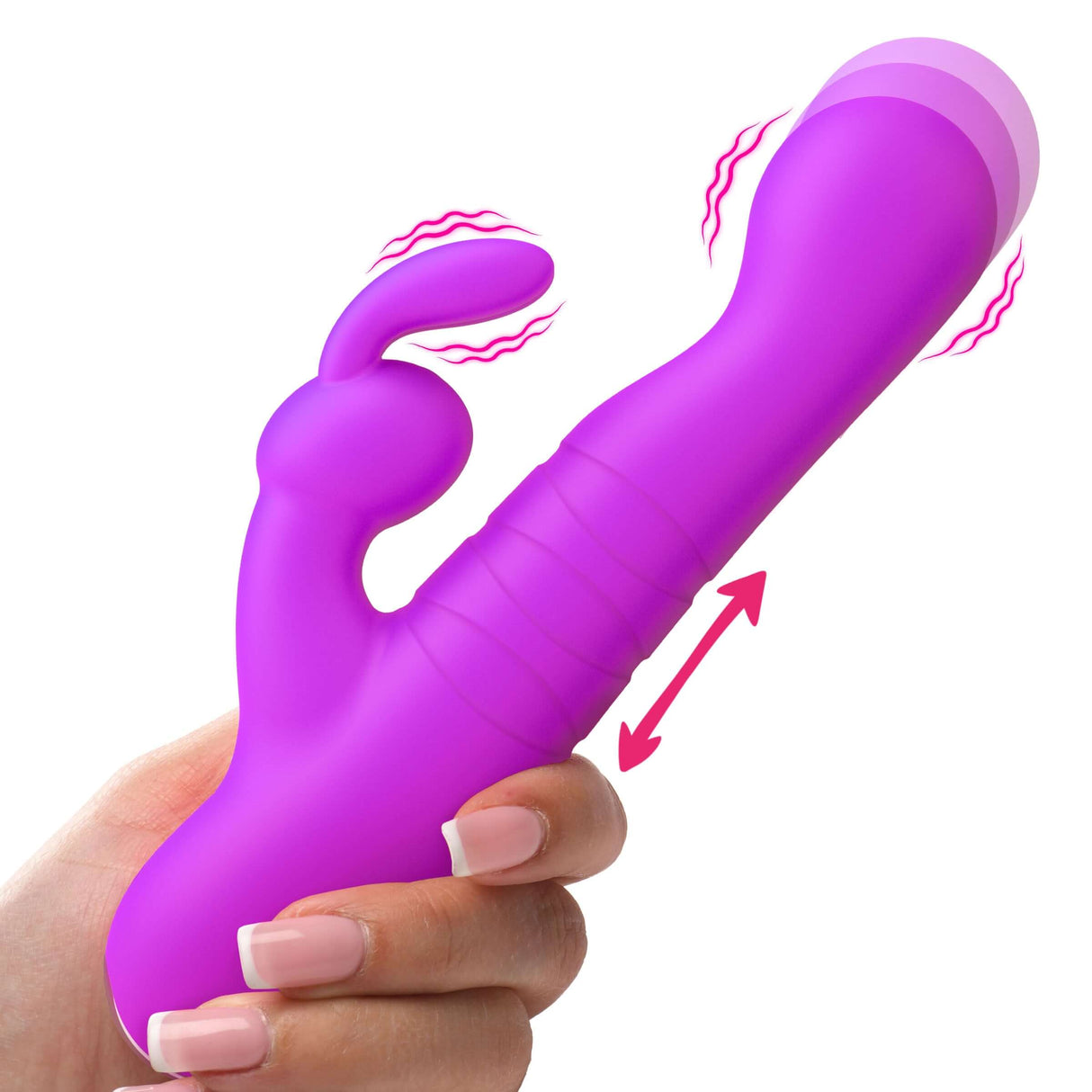 Thrusting Silicone Rabbit Vibrator Purple in a hand showcasing its dual motors and thrusting action.