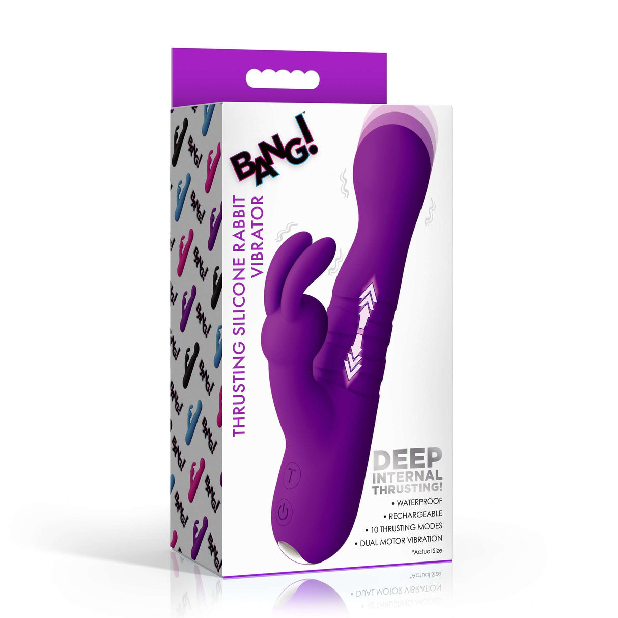 Thrusting Silicone Rabbit Vibrator Purple packaging design showcasing dual motors and waterproof features.