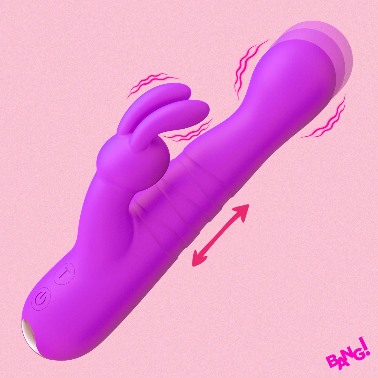 Thrusting Silicone Rabbit Vibrator Purple featuring dual motors for enhanced pleasure and motorized thrusting action.