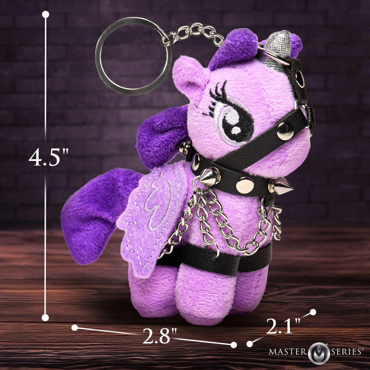Raven Plum Bondage Pony Keychain Purple featuring plush design, holographic wings, and faux leather harness.