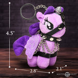 Raven Plum Bondage Pony Keychain Purple featuring plush design, holographic wings, and faux leather harness.