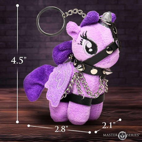 Raven Plum Bondage Pony Keychain Purple featuring plush design, holographic wings, and faux leather harness.