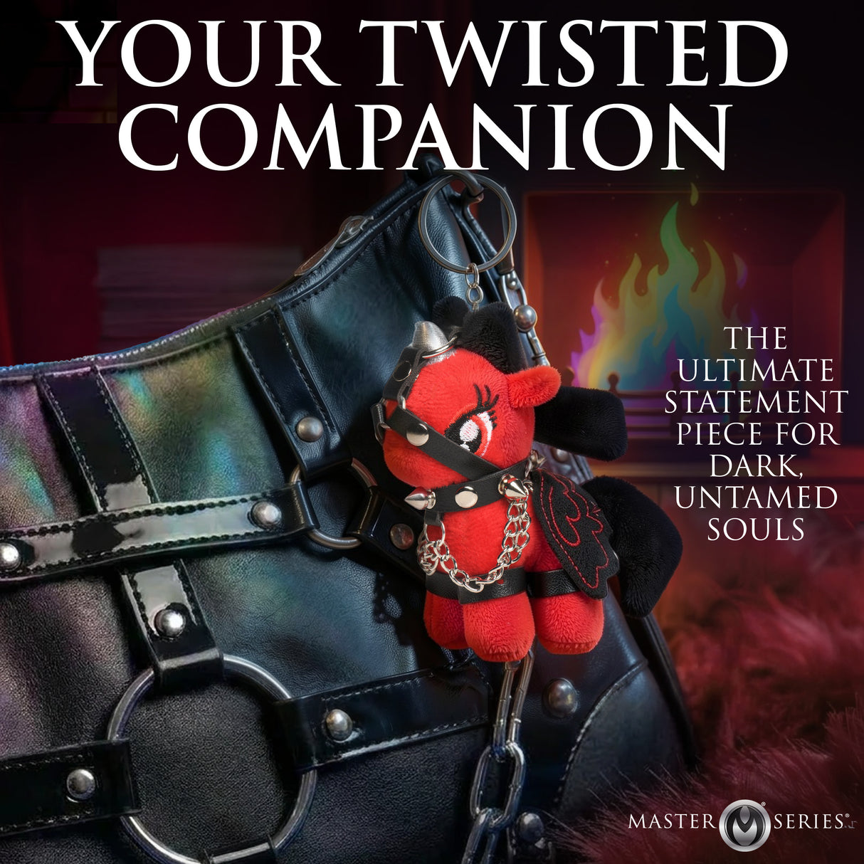 Scarlett Chainheart Bondage Pony Keychain Red attached to a stylish bondage-themed handbag, showcasing its unique design.