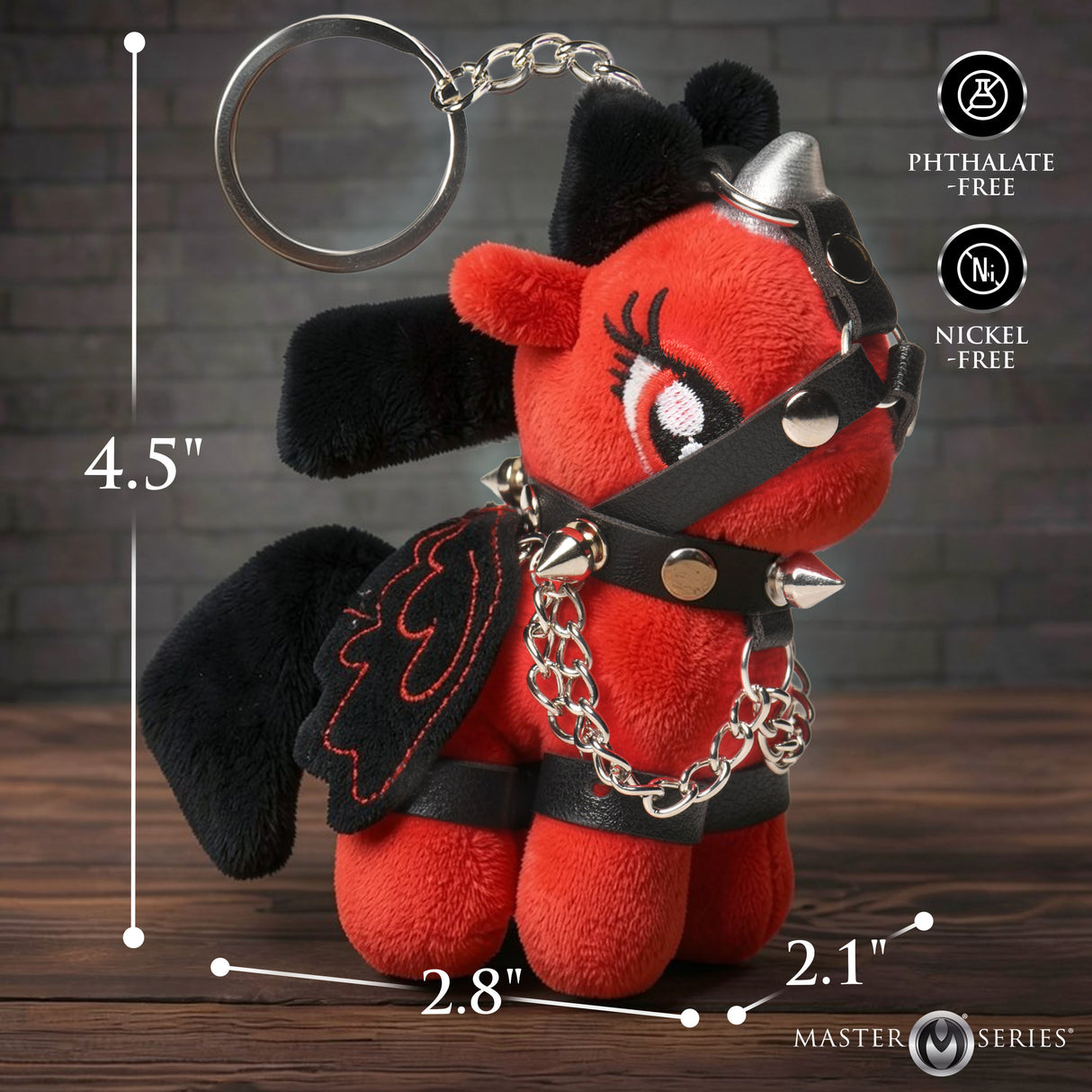 Scarlett Chainheart Bondage Pony Keychain Red plush pony with bondage harness, dimensions 4.5" height, 2.8" width, 2.1" depth.