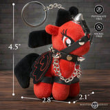 Scarlett Chainheart Bondage Pony Keychain Red plush pony with bondage harness, dimensions 4.5" height, 2.8" width, 2.1" depth.