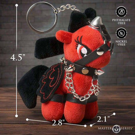Scarlett Chainheart Bondage Pony Keychain Red plush pony with bondage harness, dimensions 4.5" height, 2.8" width, 2.1" depth.