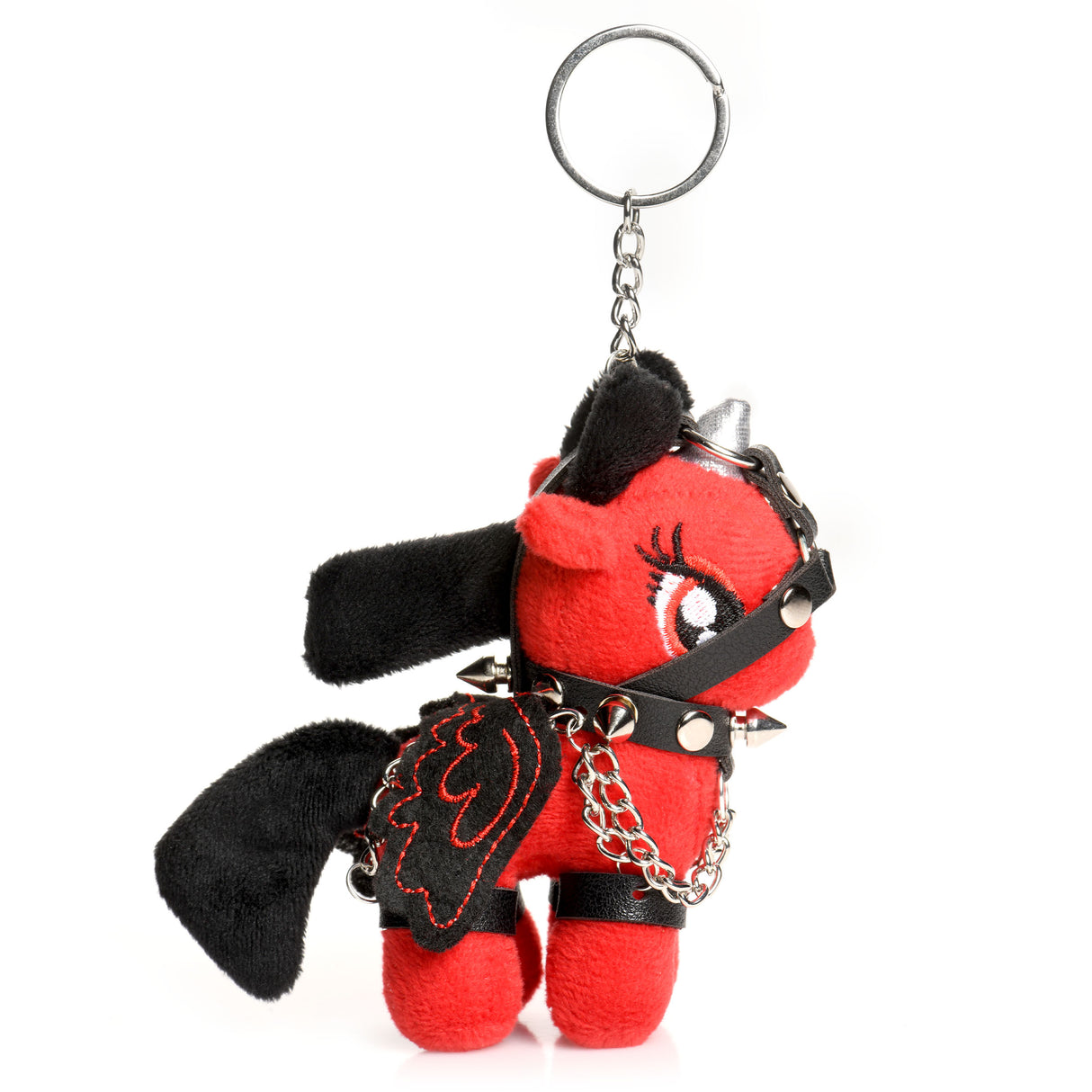 Scarlett Chainheart Bondage Pony Keychain Red featuring a plush pony in bondage attire with chains and wings.