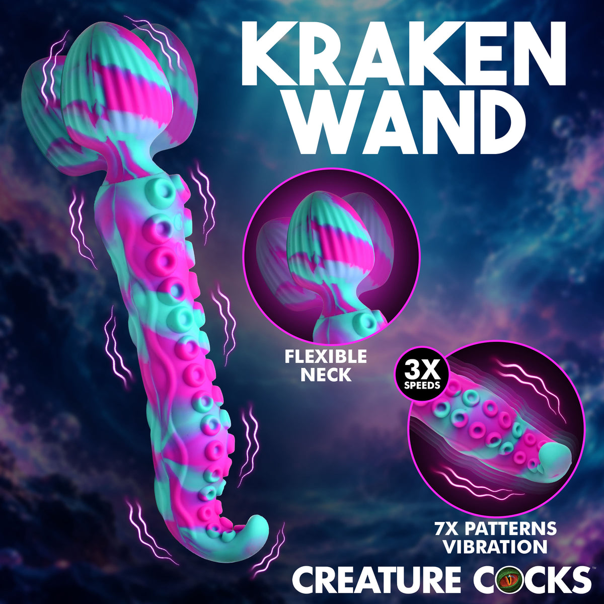Creature Cocks Kraken Dual-Ended Silicone Wand Massager with flexible neck, 3 speeds, and 7 patterns of vibration.