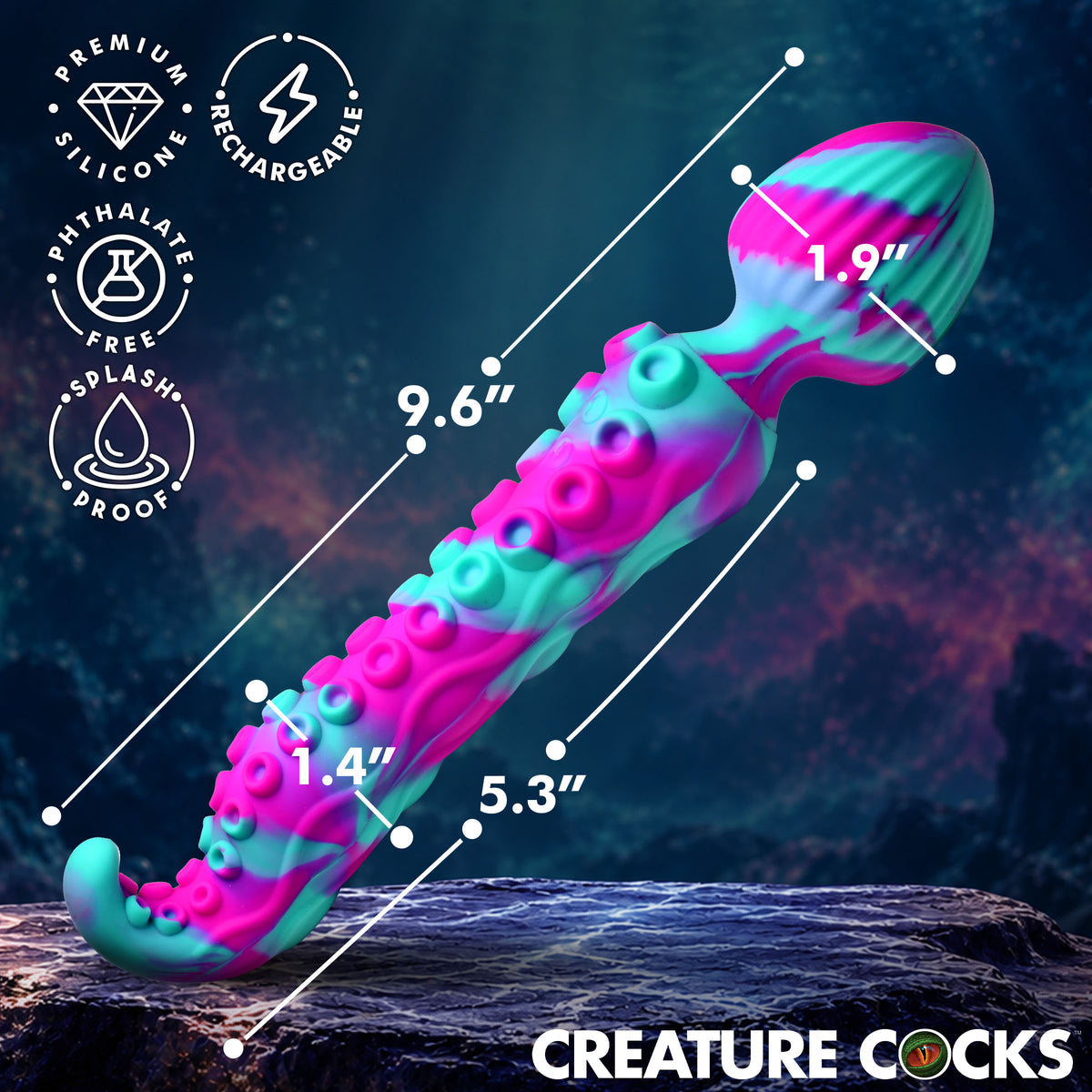 Creature Cocks Kraken Dual-Ended Silicone Wand Massager with vibrant colors, showcasing dimensions and features.