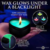 Burning Heart Blacklight Reactive Heart Drip Candle Set of 3 glowing candles with low melting point soy wax, perfect for wax play.