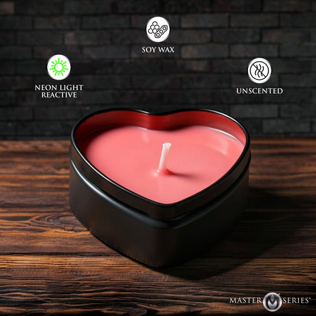 Burning Heart Blacklight Reactive Heart Drip Candle Set of 3 featuring a neon light reactive soy wax heart candle.