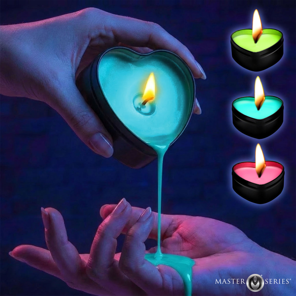 Burning Heart Blacklight Reactive Heart Drip Candle Set of 3 glowing heart candles dripped onto hand, colorfully lit under blacklight.