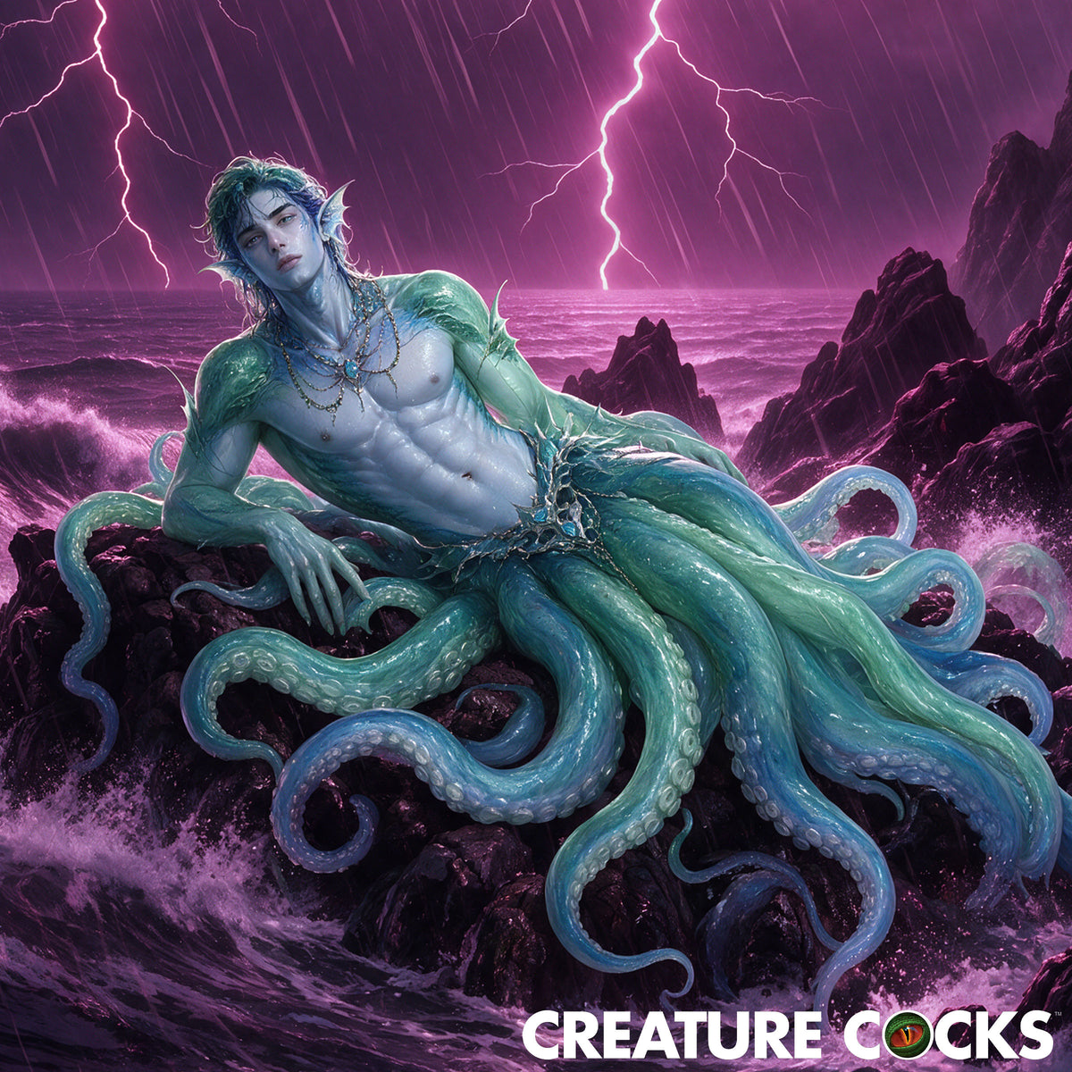 Creature Cocks Deep Squirmer Squirming Silicone Vibrator fantasy design with tentacles and lightning background.