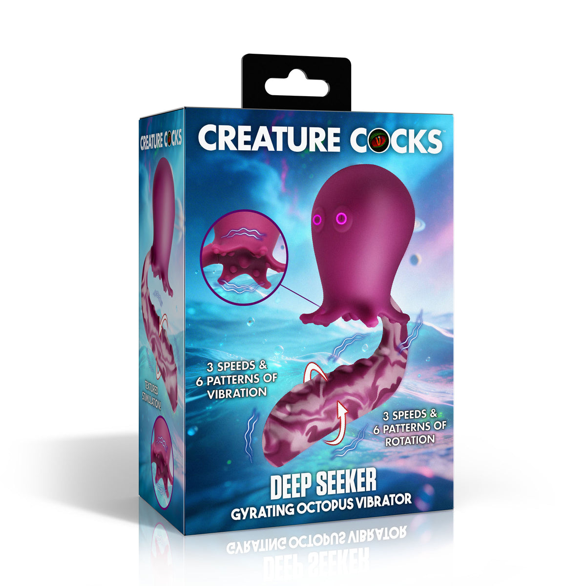 Creature Cocks Deep Seeker Gyrating Octopus Vibrator Purple packaging showcasing features and design.
