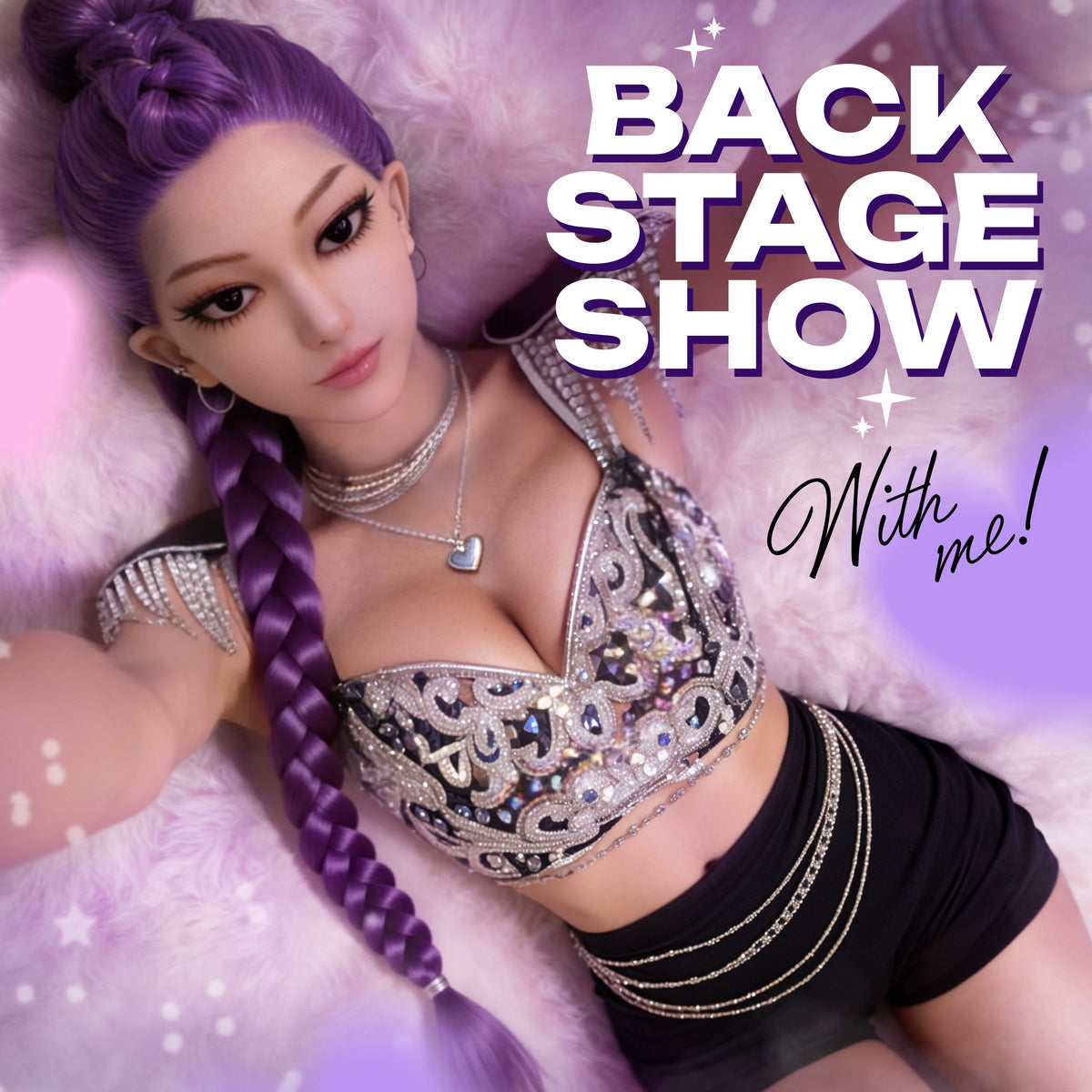 K-Pop Idol 55 Inch TPE Love Doll With 3 Wigs in glamorous outfit at a vibrant backstage show.