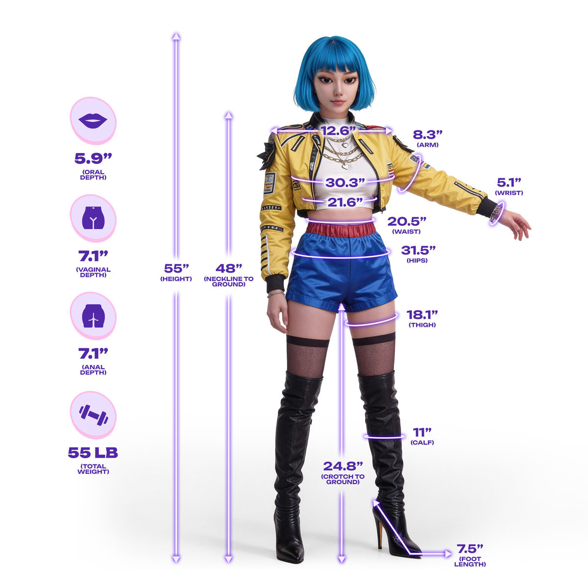 K-Pop Idol 55 Inch TPE Love Doll With 3 Wigs showcasing measurements and details in a stylish outfit.