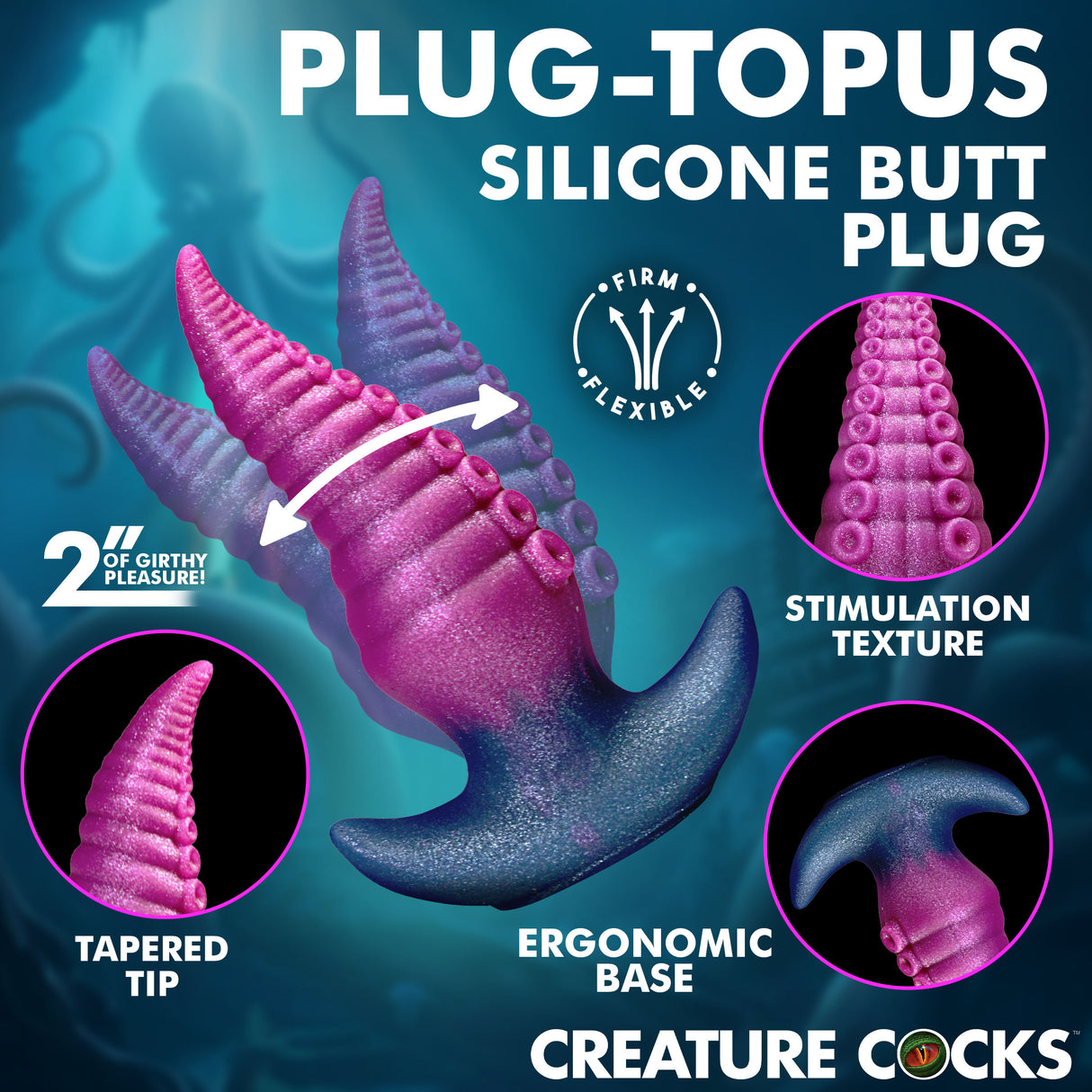 Creature Cocks Plug Topus Silicone Butt Plug feature with tapered tip, ergonomic base, and unique stimulation texture.