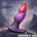 Creature Cocks Dragon Master Fantasy Silicone Butt Plug with measurements, 5.2-inch shaft, 2-inch width, 5.9-inch height.
