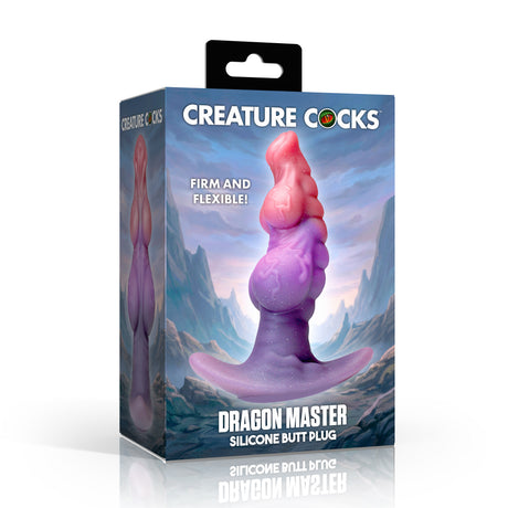 Creature Cocks Dragon Master Fantasy Silicone Butt Plug packaging showcasing its firm and flexible design.
