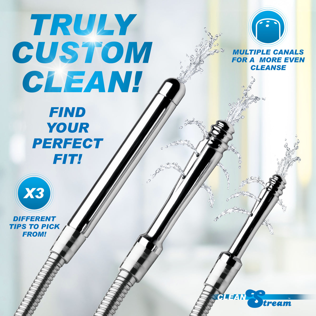 Three custom tips for the CleanStream Ultimate Shower Enema Set with water spray for efficient cleansing.