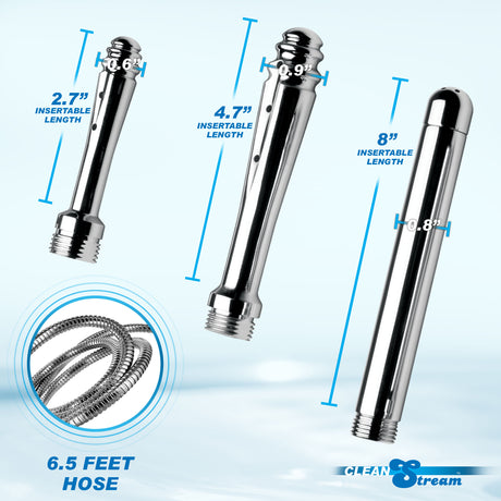 CleanStream Ultimate Shower Enema Set nozzles with various insertable lengths and a 6.5 feet hose for shower use.