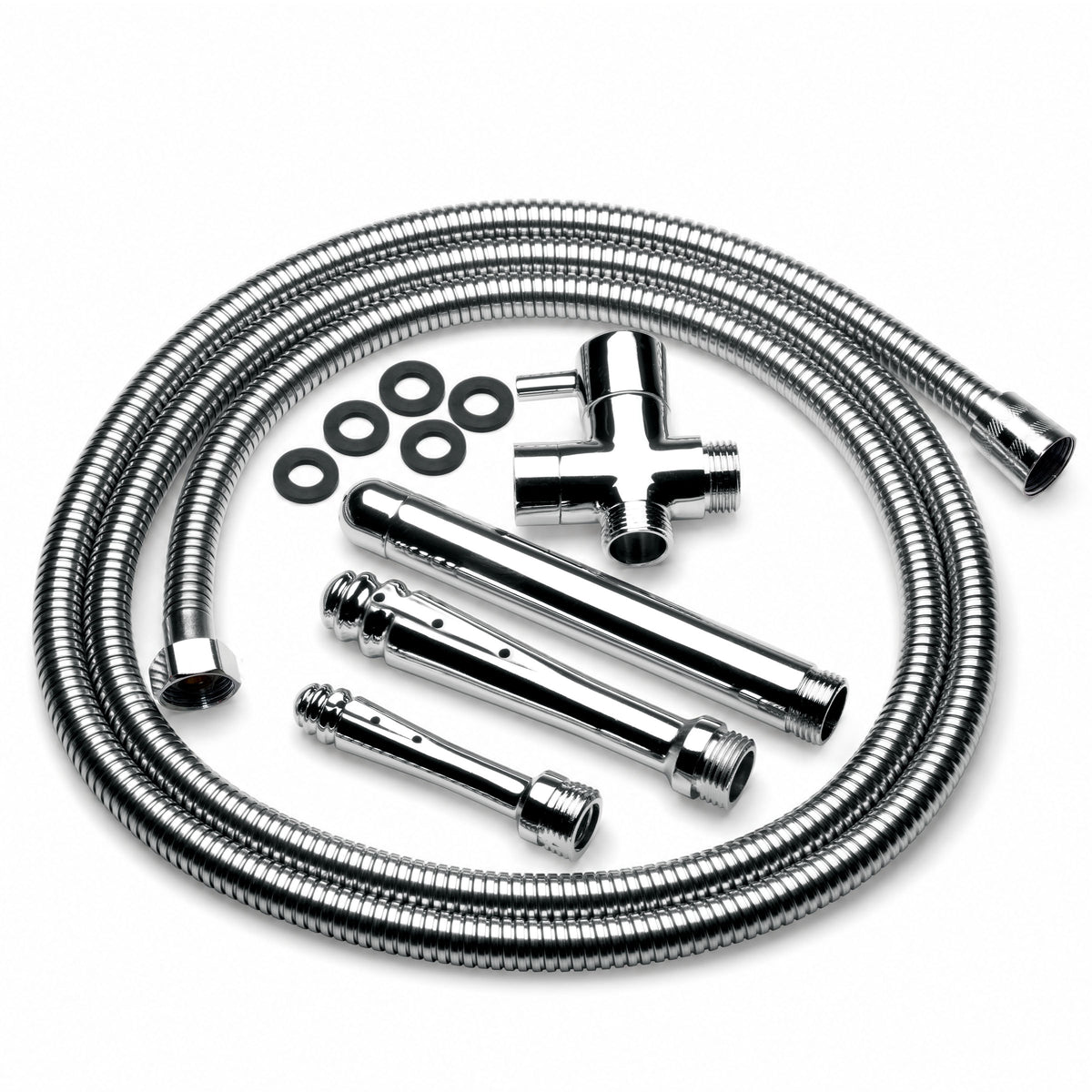 CleanStream Ultimate Shower Enema Set components including hose, tee valve, and nozzles for shower installation.