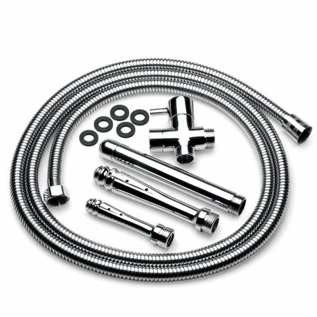 CleanStream Ultimate Shower Enema Set components including hose, tee valve, and nozzles for shower installation.