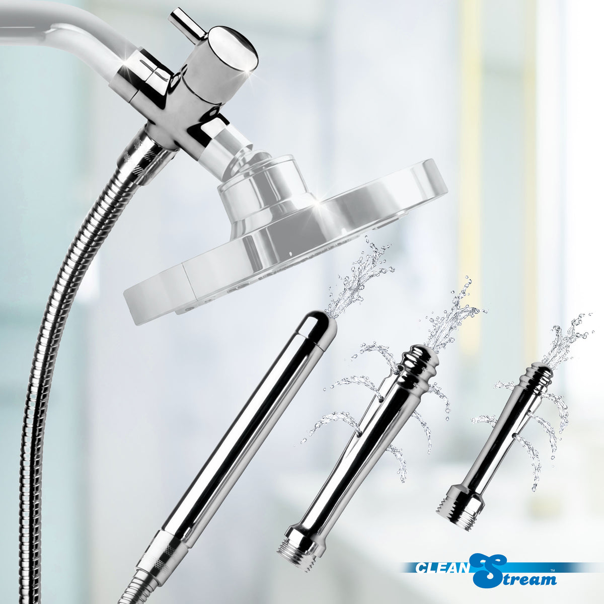 CleanStream Ultimate Shower Enema Set with three nozzles and shower head for intimate hygiene.