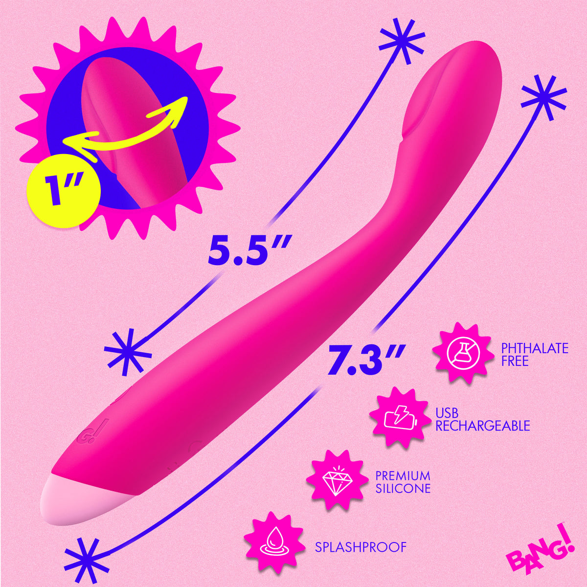 Bang Flexible Silicone G-Spot Vibrator Pink features a bendable neck and bulb tip for targeted sensation.
