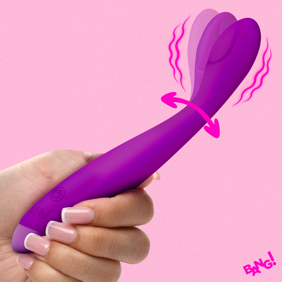 Flexible Silicone G-Spot Vibrator Purple held in hand with a flexible design for enhanced pleasure.
