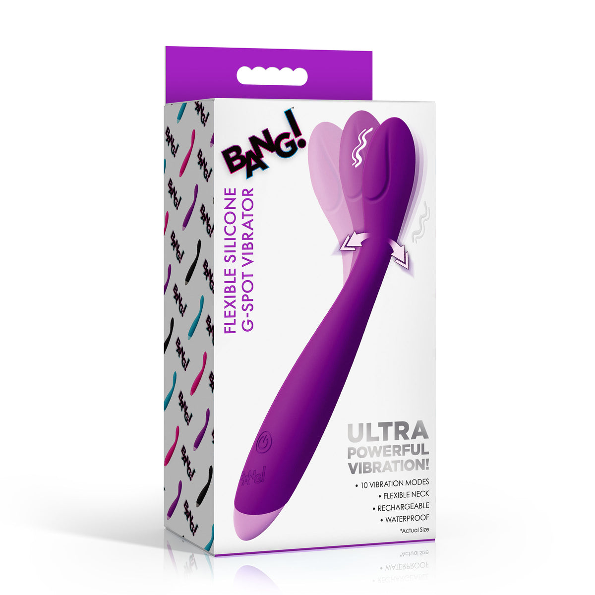 Flexible Silicone G-Spot Vibrator Purple packaging showcasing features including flexible neck and multiple vibration modes.