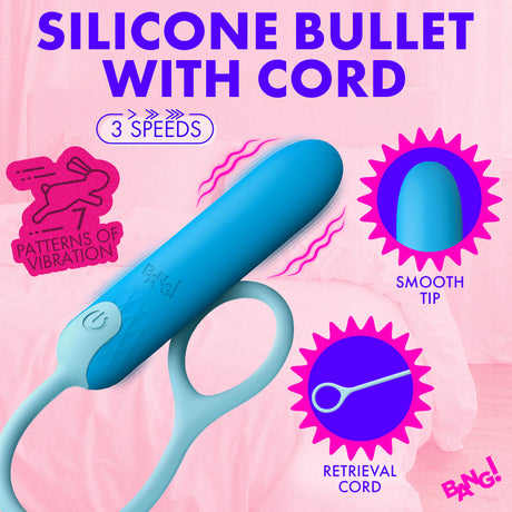 Bang Silicone Bullet with Cord Blue featuring smooth tip, retrieval cord, and 3 vibration speed patterns.