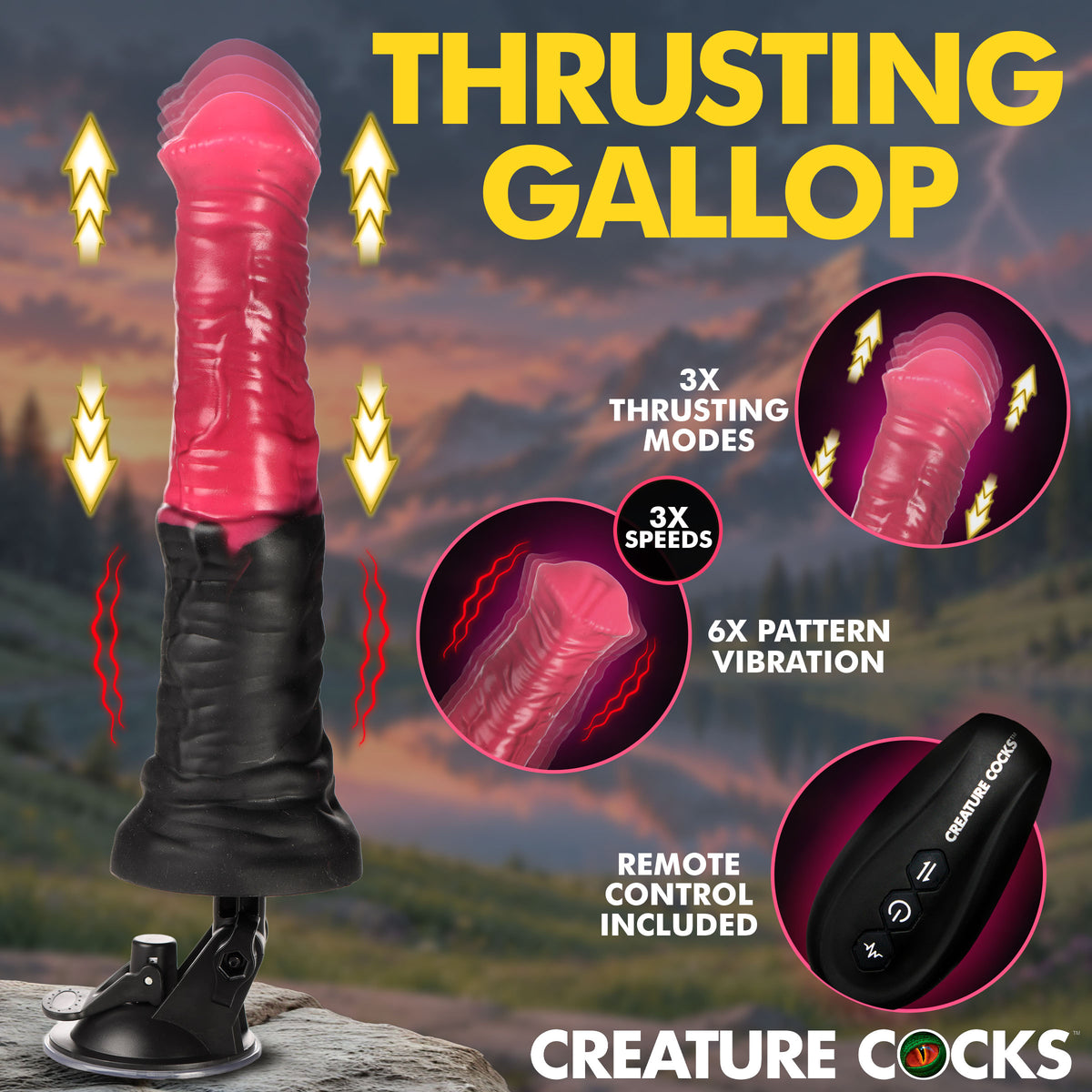 Creature Cocks Thrusting Gallop Vibrating Silicone Dildo with 3 thrusting modes and remote control included.