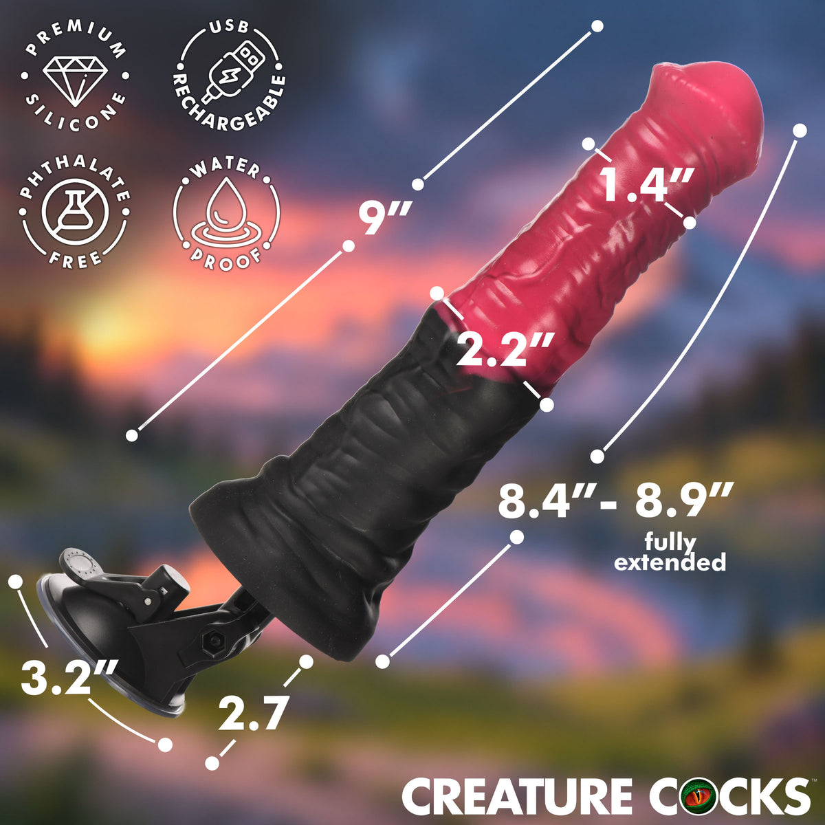 Creature Cocks Thrusting Gallop Vibrating Silicone Dildo featuring a 9-inch design, premium silicone, and suction base.