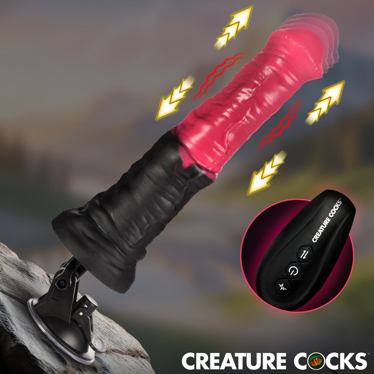 Creature Cocks Thrusting Gallop Vibrating Silicone Dildo with suction base and remote control features.