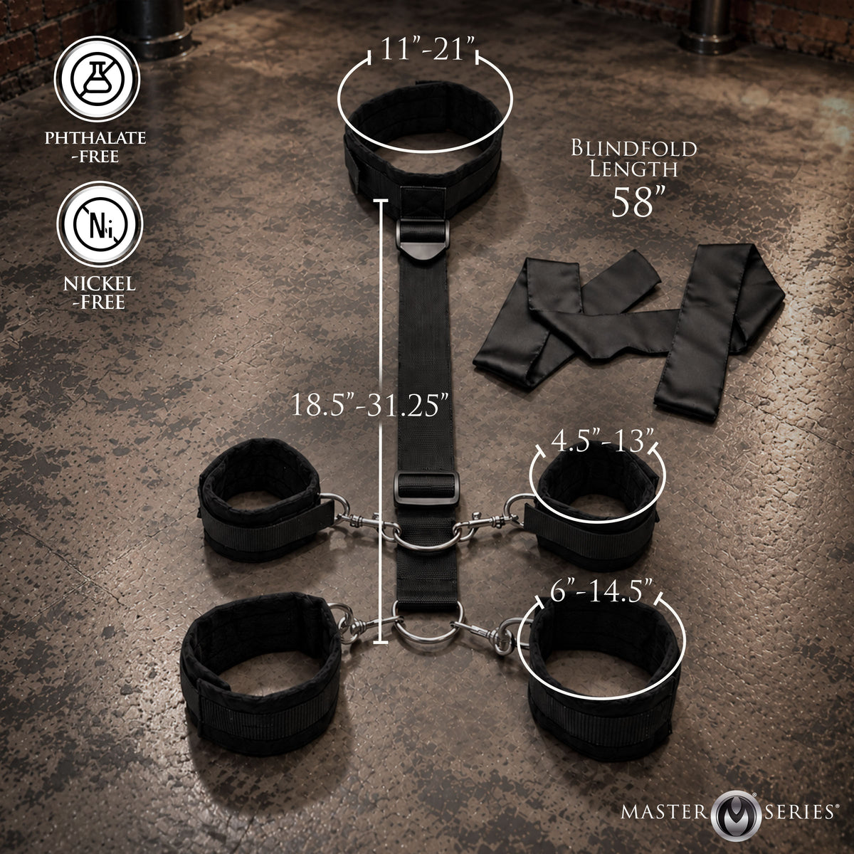 Submission Neck Wrist Ankle Restraints With Blindfold from Master Series featuring adjustable cuff lengths and collar.
