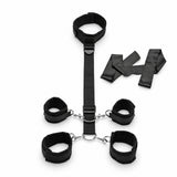 Submission Neck Wrist Ankle Restraints With Blindfold featuring interconnected cuffs and blindfold for sensory play.