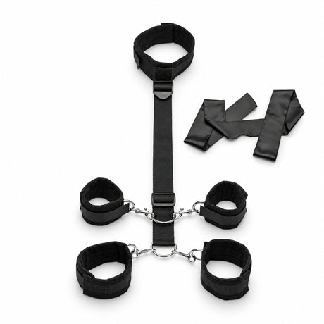 Submission Neck Wrist Ankle Restraints With Blindfold featuring interconnected cuffs and blindfold for sensory play.