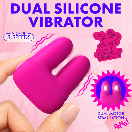 Bang Dual Silicone Clitoral Vibrator Pink with dual motors and three speeds in a palm-sized design.