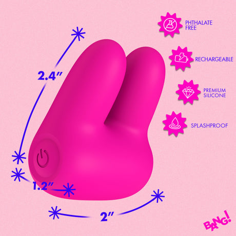Bang Dual Silicone Clitoral Vibrator Pink with dimensions, features like splashproof and rechargeable.