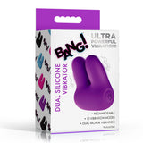 Dual Silicone Clitoral Vibrator Purple packaged with features like dual motor vibration and 10 vibration modes.