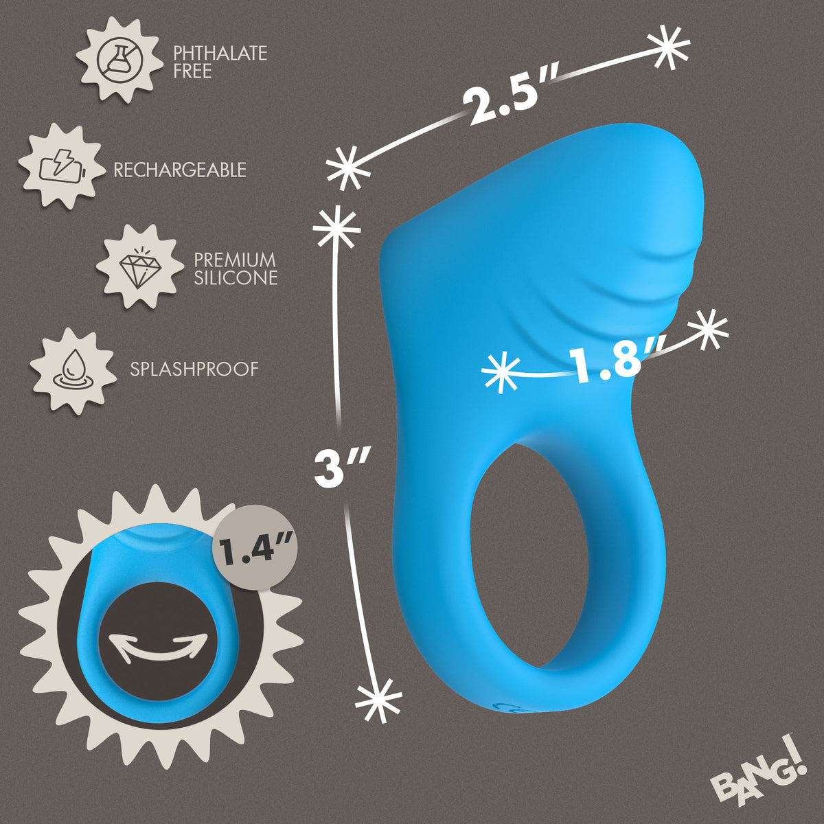 Bang Vibrating Silicone C-Ring Black dimensions and features shown, highlighting phthalate-free, rechargeable, and splashproof qualities.