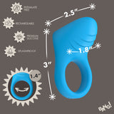 Bang Vibrating Silicone C-Ring Black dimensions and features shown, highlighting phthalate-free, rechargeable, and splashproof qualities.